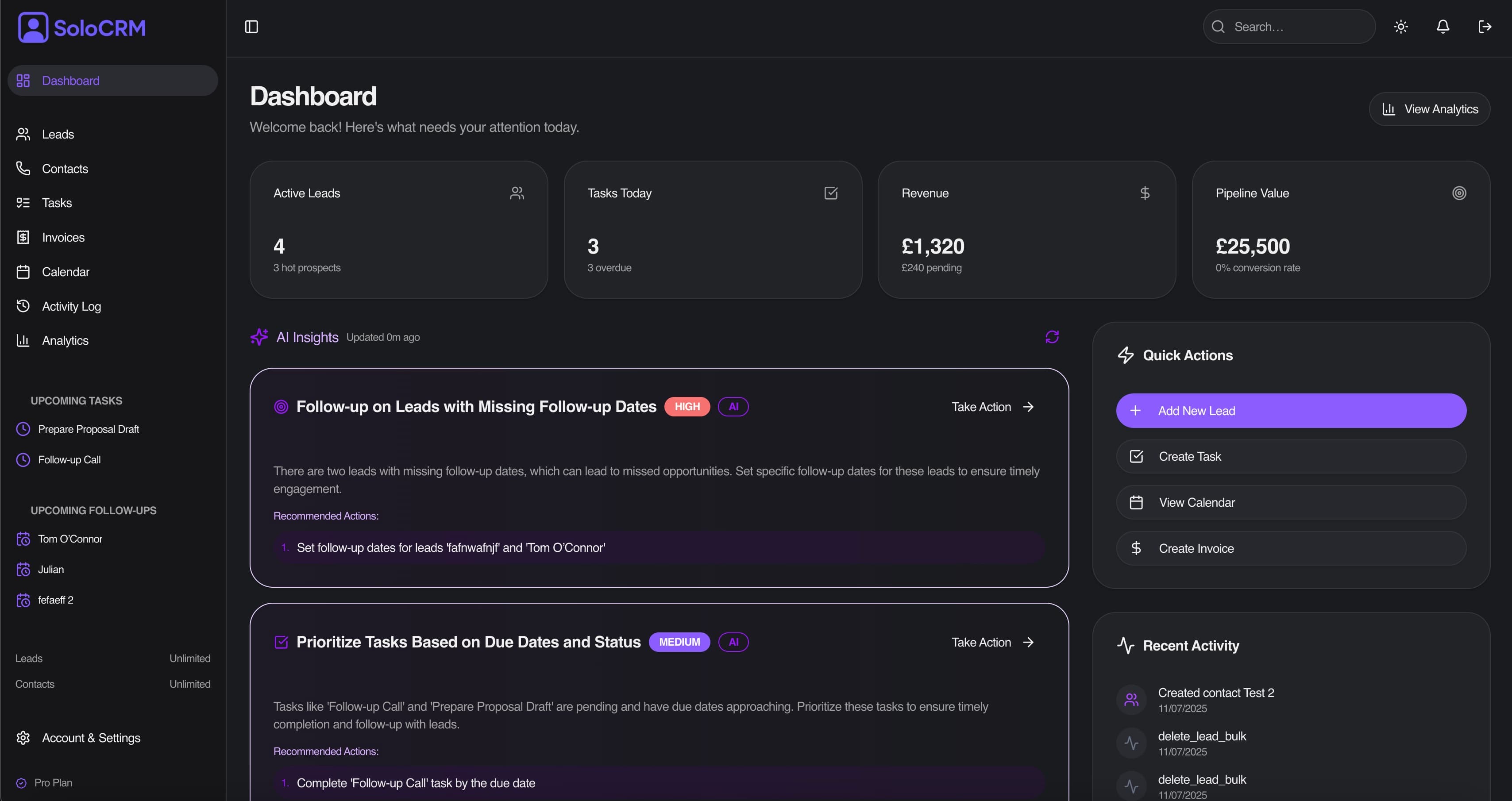 SoloCRM AI Dashboard - Affordable CRM for small business with AI lead scoring, smart suggestions, and automated follow-ups